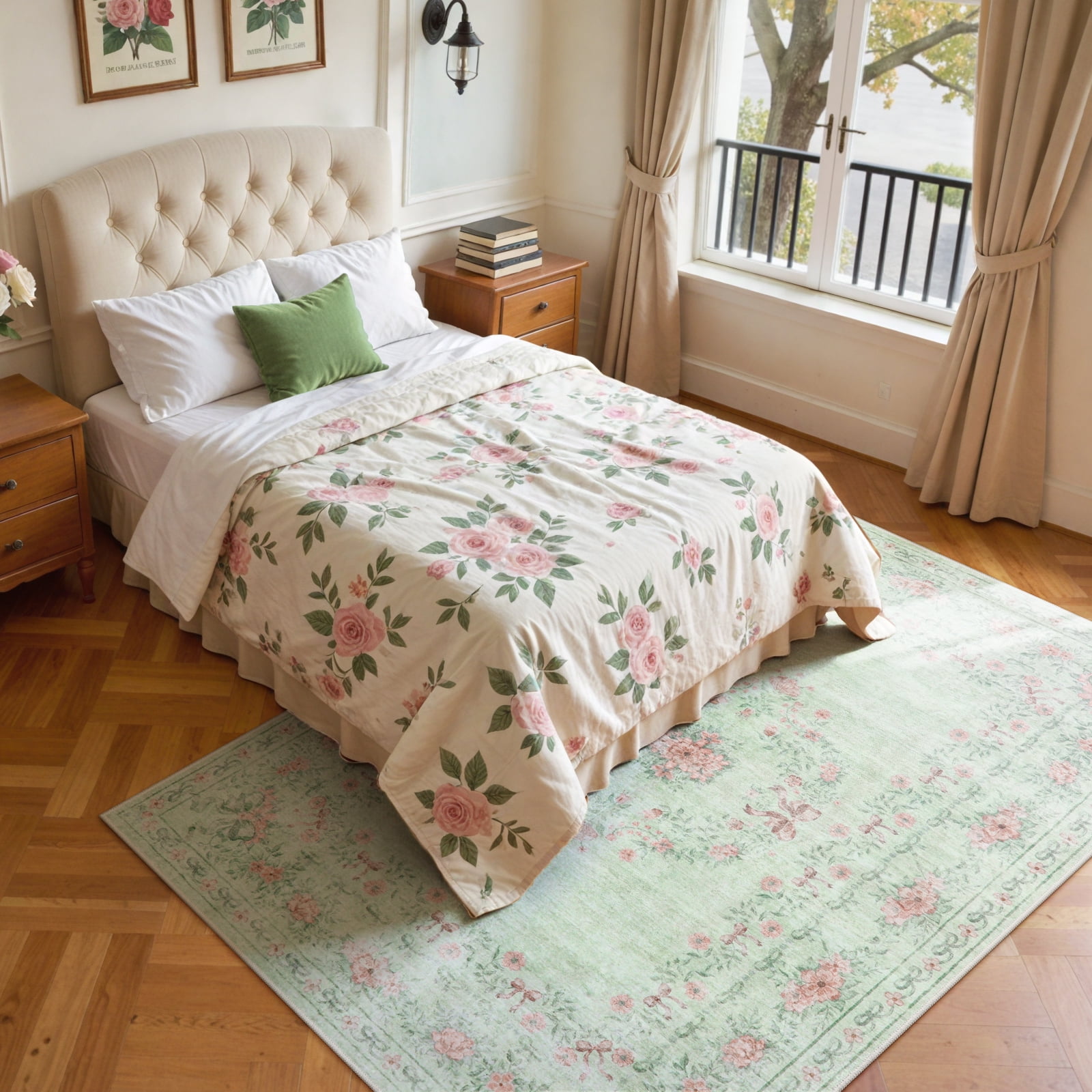 Lahome Washable 8'x10' Area Rug, Sage Green Floral Bow Print Rugs for Living Room, Ultra-Thin Non-Shedding Soft Boho Carpet for Bedroom Dining Room Playroom Dorm, Large Mat, Light Green