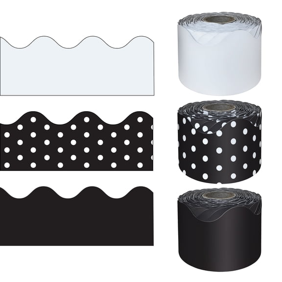 Carson Dellosa 65' Black, White, & Polka Dot 3 Pack Rolled Scalloped Bulletin Board Border Set