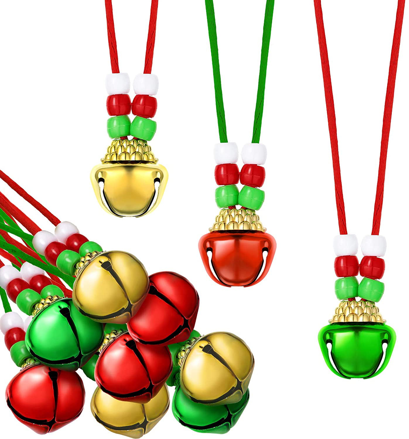 Red and Golden Bell Necklace for Christmas Party Favor Supplies 36 Pieces Christmas Large Jingle Gold Bell Necklace Christmas Holiday Necklaces Green