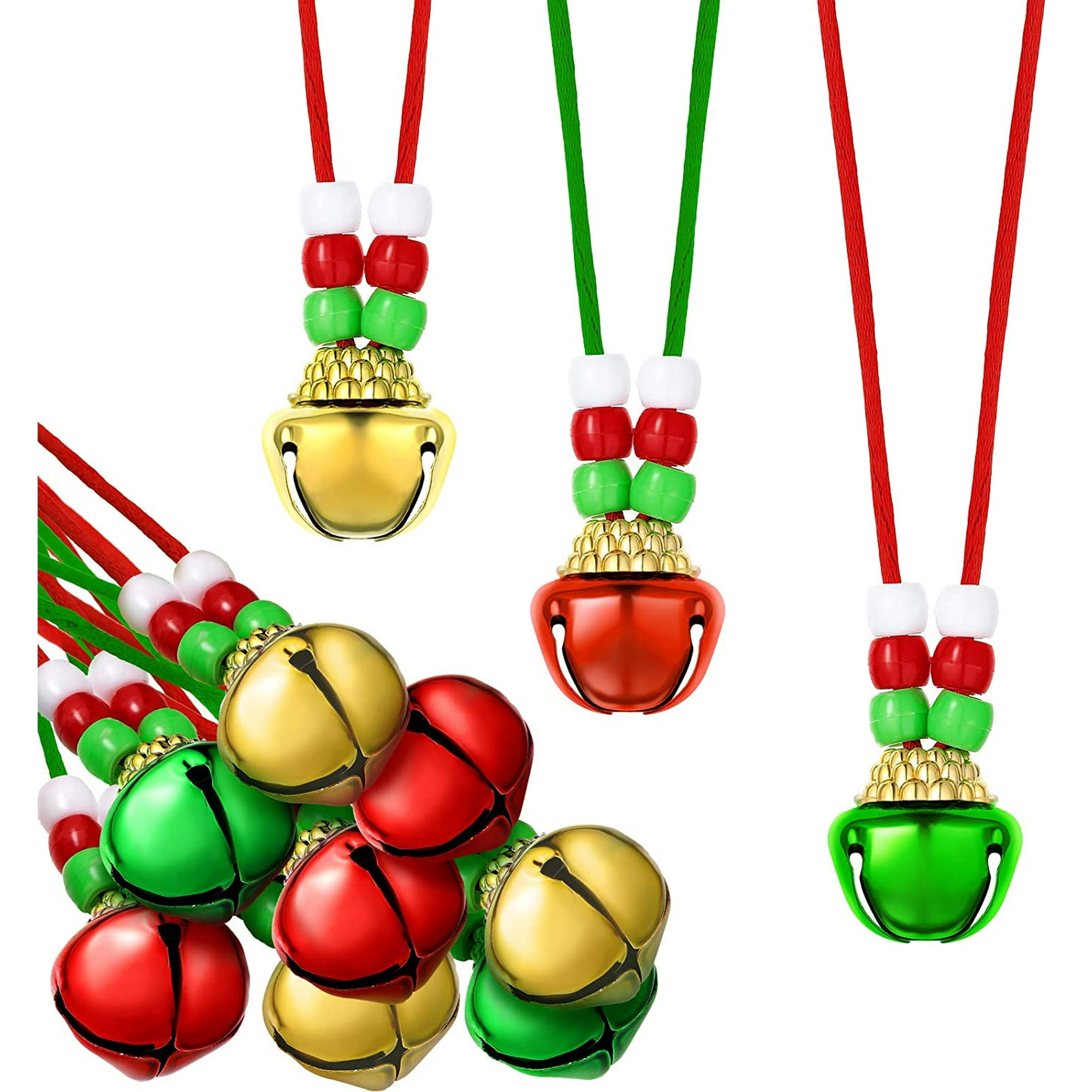 36 Pieces Christmas Large Jingle Gold Bell Necklace Christmas Holiday Necklaces Green Red and Golden Bell Necklace for Christmas Party Favor Supplies