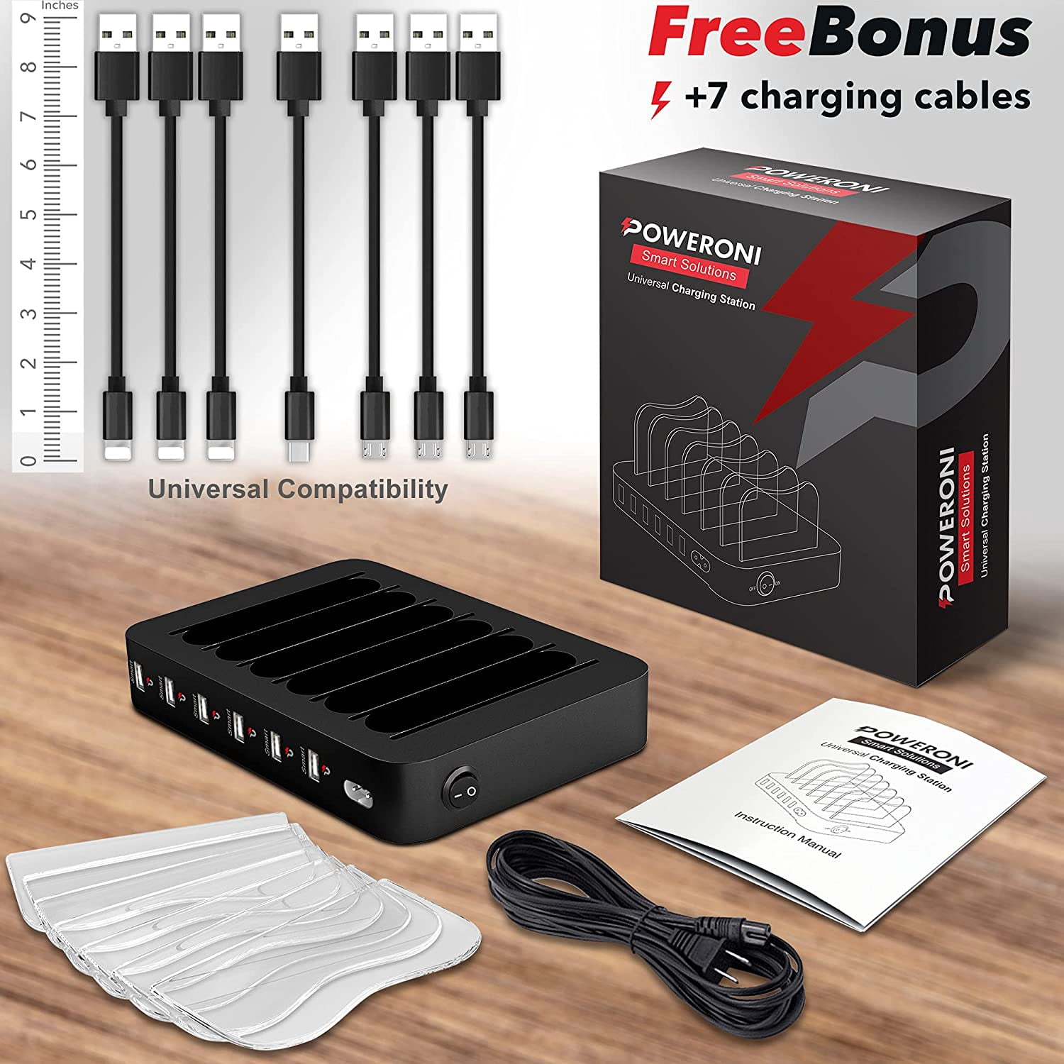 Poweroni USB Charging Station Dock - Fast Charge Docking Station for Multiple Devices - Multi Device Charger Organizer - Compatible with Apple and Android (Black 6-Port)