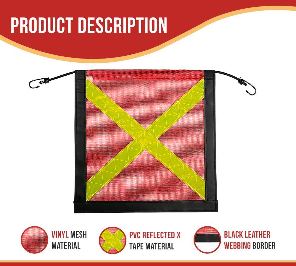 4 Pack Red Safety Flag with Bungees Cord DOT Compliant - 18 Inch x 18 Inch Reflective High Visibility X - Black Leather Webbing Mesh Warning Flags