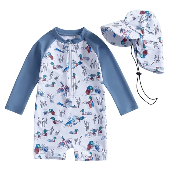 Povozer Cute Baby Boy Swimsuit Boys Fashion Toddler Baby Boy Swimsuit Kids Rash Guard Long Sleeve Bathing Suit Duck Swimwear With Hat,Size 3-4 Years,Blue