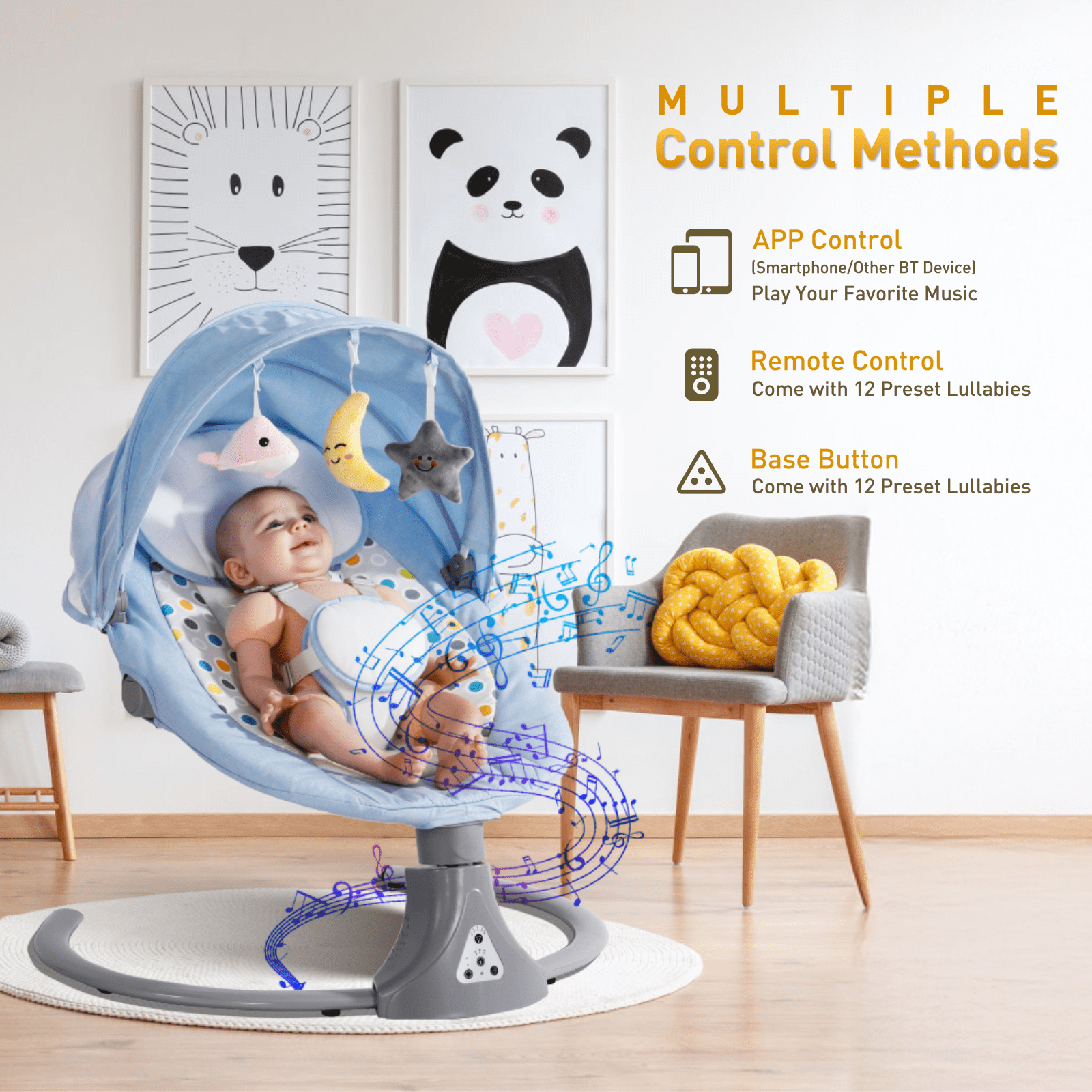 Baby Swing for Infants -  Remote Control Baby Swing Chair , 5 Speed Settings, 12 Lullabies, 3 Timer, 3 Angle, Cordless, USB Plug (Blue)