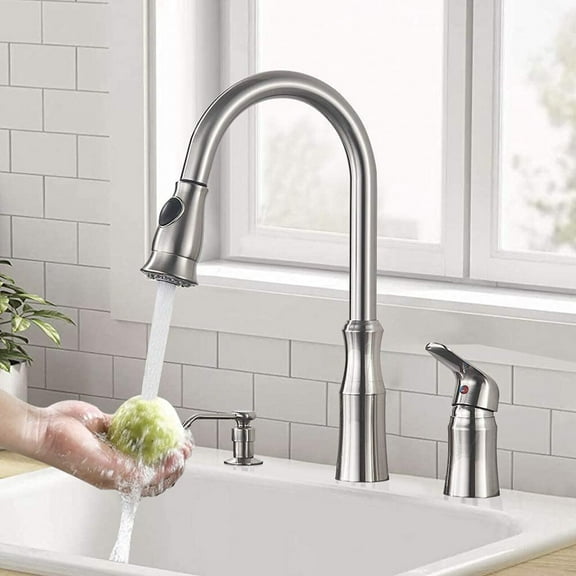 Brushed Nickel Single Handle High Arc Kitchen Sink Faucet with Pull Down Sprayer Soap Dispenser