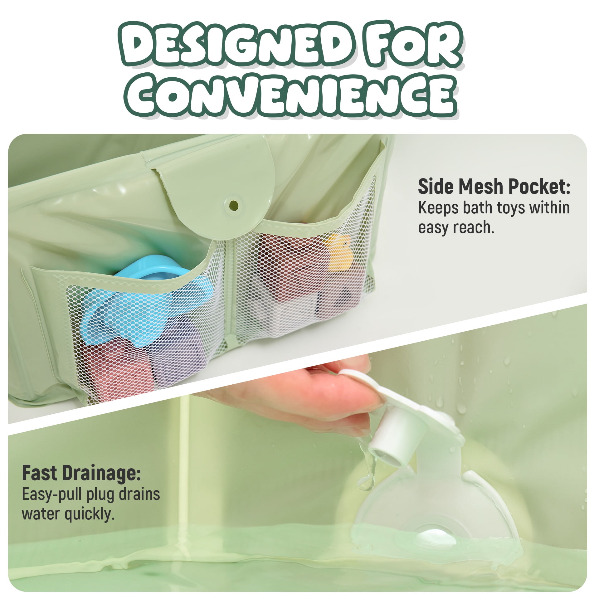 UNCLE WU Foldable Baby Bathtub for Toddlers (12M-5Y) – Portable Travel Bath Tub Converts Shower to Tub – Large Deep Collapsible Basin with Mesh Storage Pockets, Non-Slip & Fast Draining