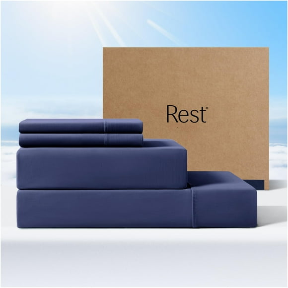 REST Evercool+ Cooling Sheet Set, Full Size, Midnight Blue, Breathable Bed Sheets for Hot Sleeper and Night Sweats, with Pillowcases, with Ionic+ Self-Cleaning Silver Yarn for Sensitive Skin, 4PCS