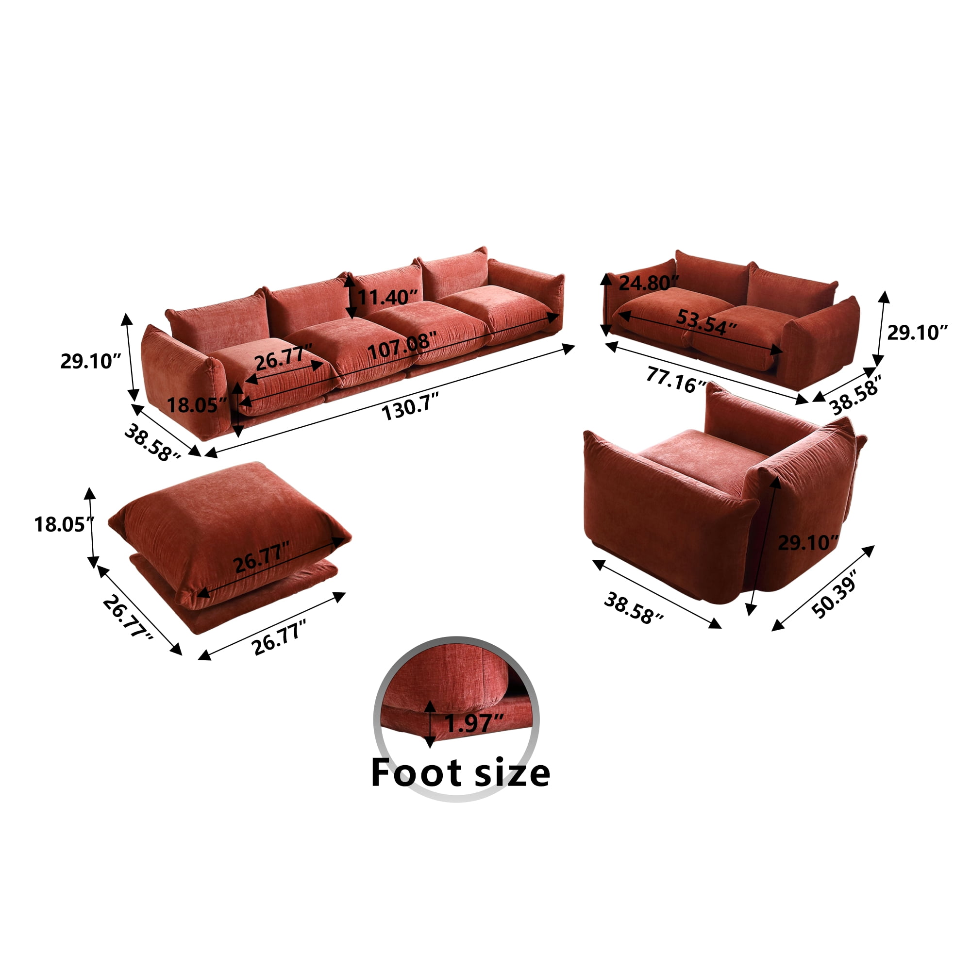 bokifol 4 Seats Sofa and Loveseat with Ottoman and Single Seat Armrest,4Pcs Living Room Sofa Sets,Modular Sectional Couch Sofas for Living Room,Orange