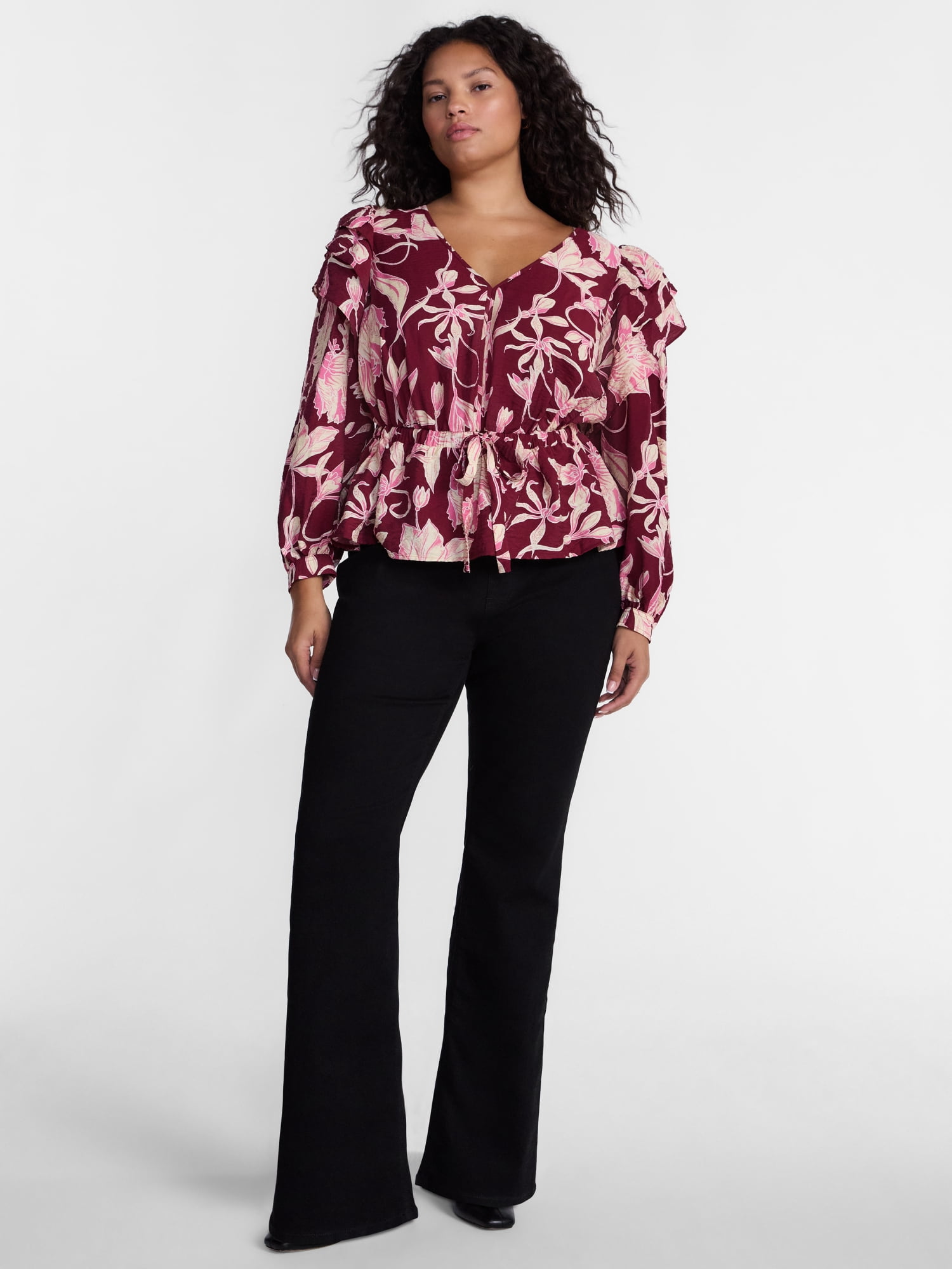 Terra & Sky Ruffled Shoulder Tie Waist Top with Long Puff Sleeves, Sizes 0X-5X
