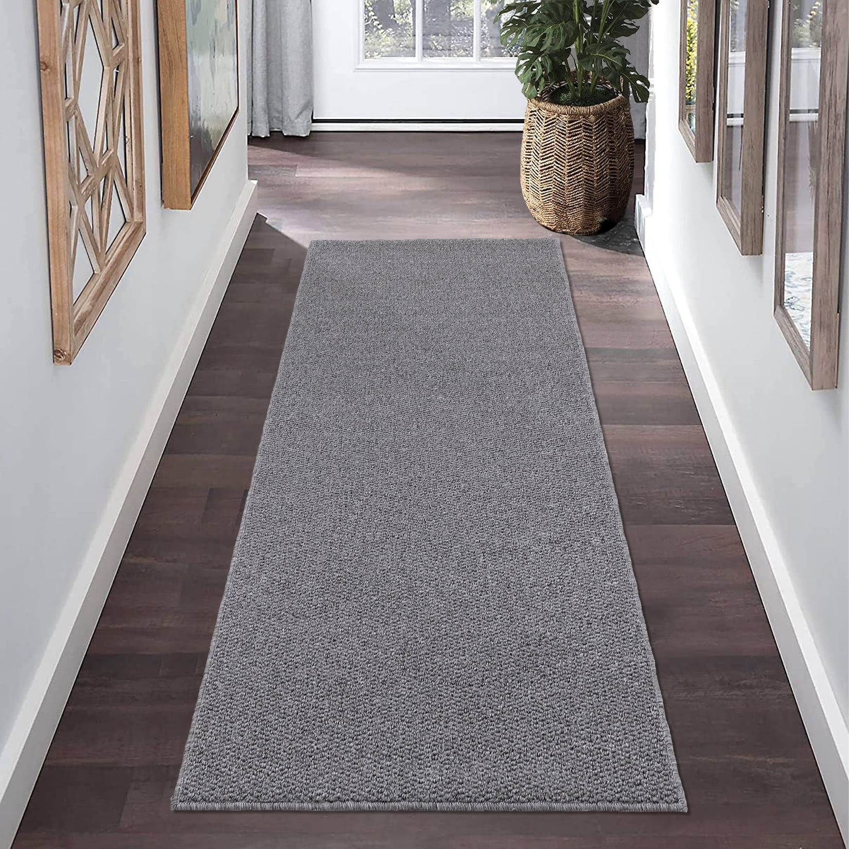 Garvee Modern Solid Runner Rug, 2'x6' Washable Non Slip Backing Rug Low Pile Stain Resistant Indoor Floor Carpet for Hallway Bedroom Laundry, Gray