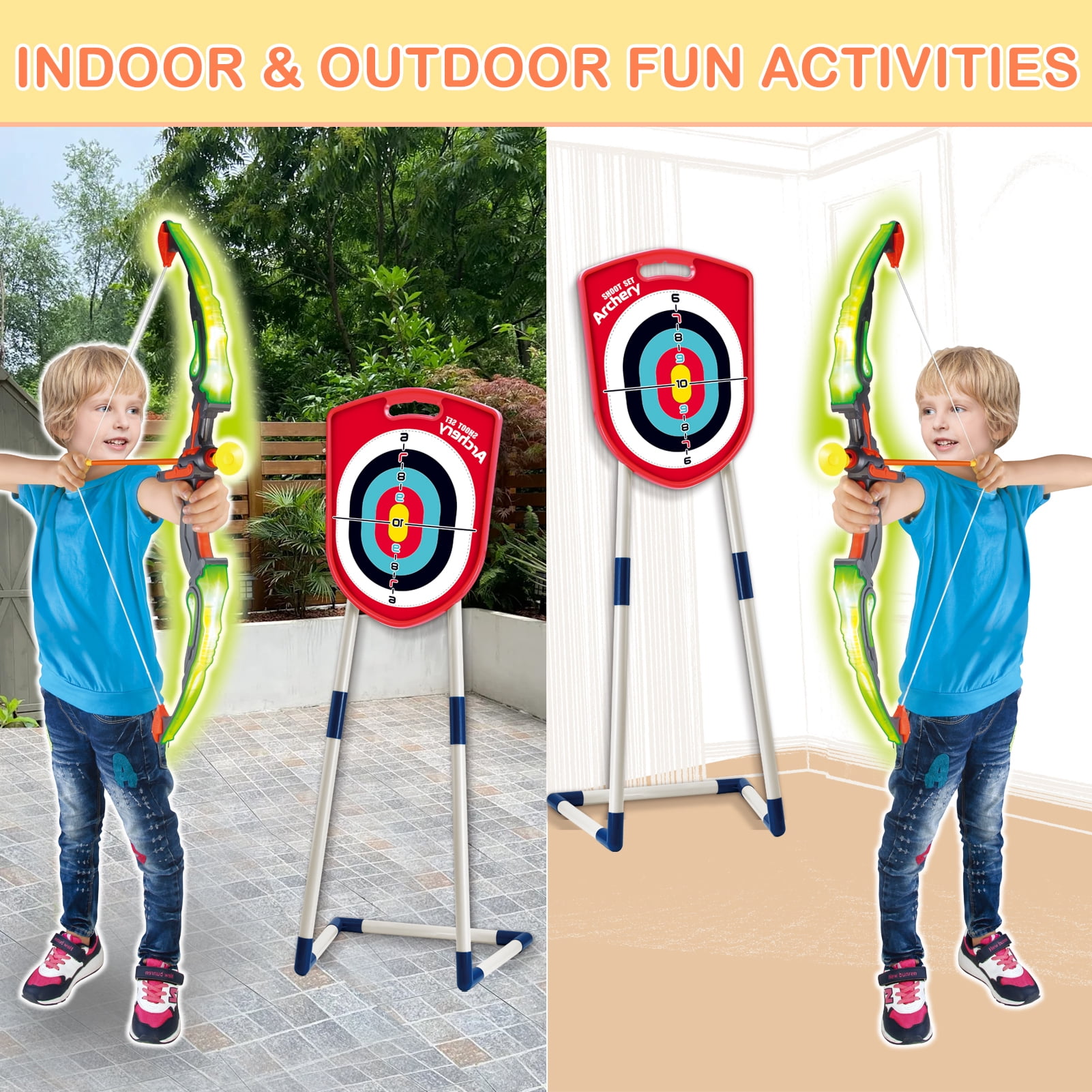 LINXUXIE Kids Bow and Arrow Set with LED Flash Lights, Archery Set with Standing Target,Indoor Outdoor Sport Gift for Boys and Girls Ages 3-12