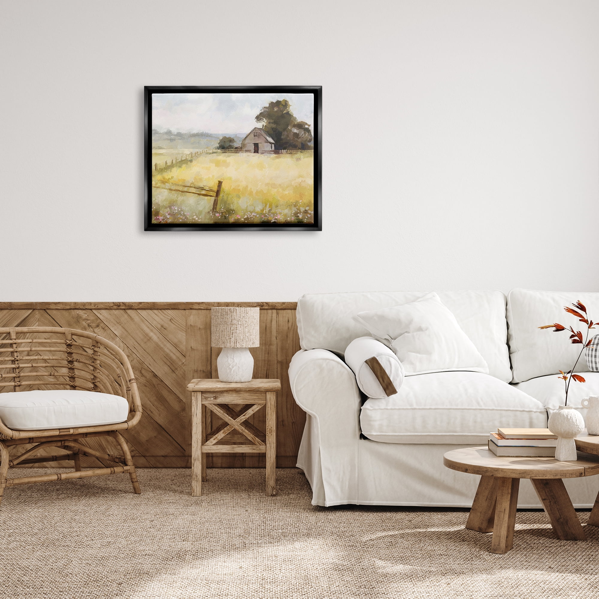 Stupell Industries Distant Barn Country Fence Landscape Painting Black Floater Framed Canvas Art Print Wall Art, 31 x 25