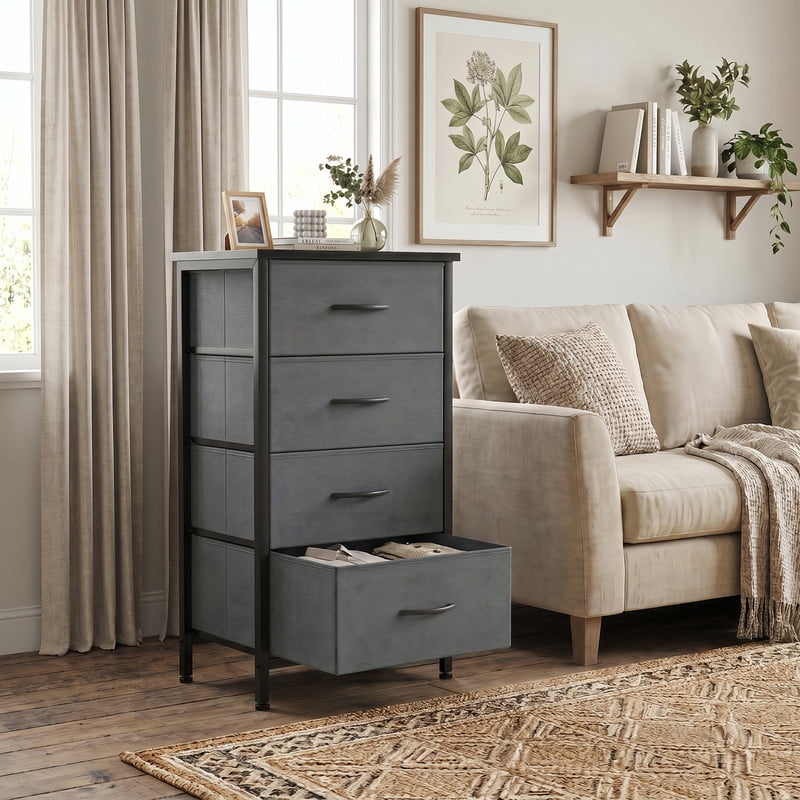 BEAUTYPEAK 4-Drawer Fabric Dresser Nightstand Bedside Table with Wood Top Adjustable Feet, Gray