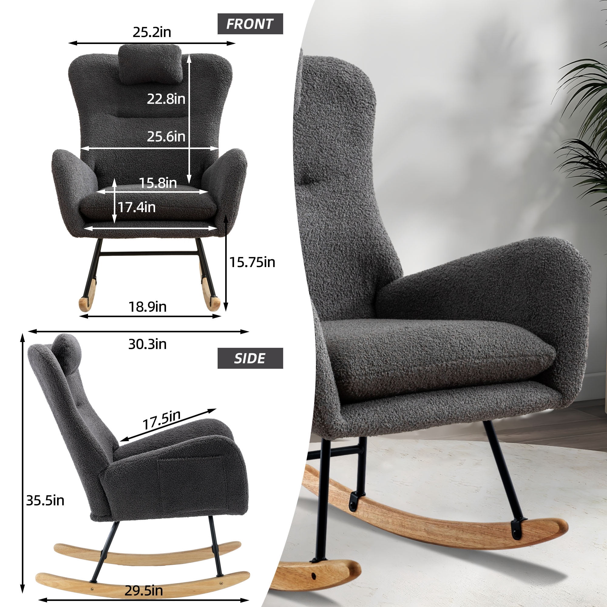 PAPROOS Modern Teddy Fabric Rocking Chair, Accent Rocker Chair with High Backrest for Nursery, Accent Glider Rocker for Living Room Bedroom Playroom，Gray