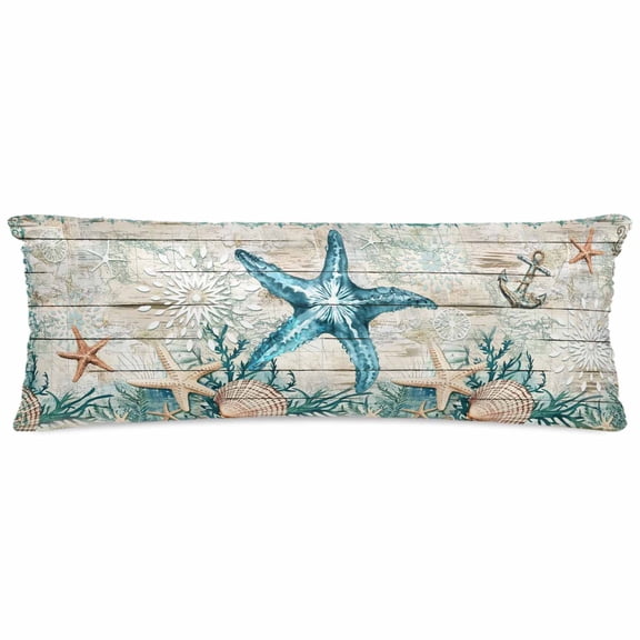 Teal Starfish Coastal Satin Pillowcase for Hair and Skin with Zipper, Soft Breathable Cooling Silk Pillow Cases, Summer Beach Nautical Retro Body Pillow Covers Bed Pillows 20"x54"