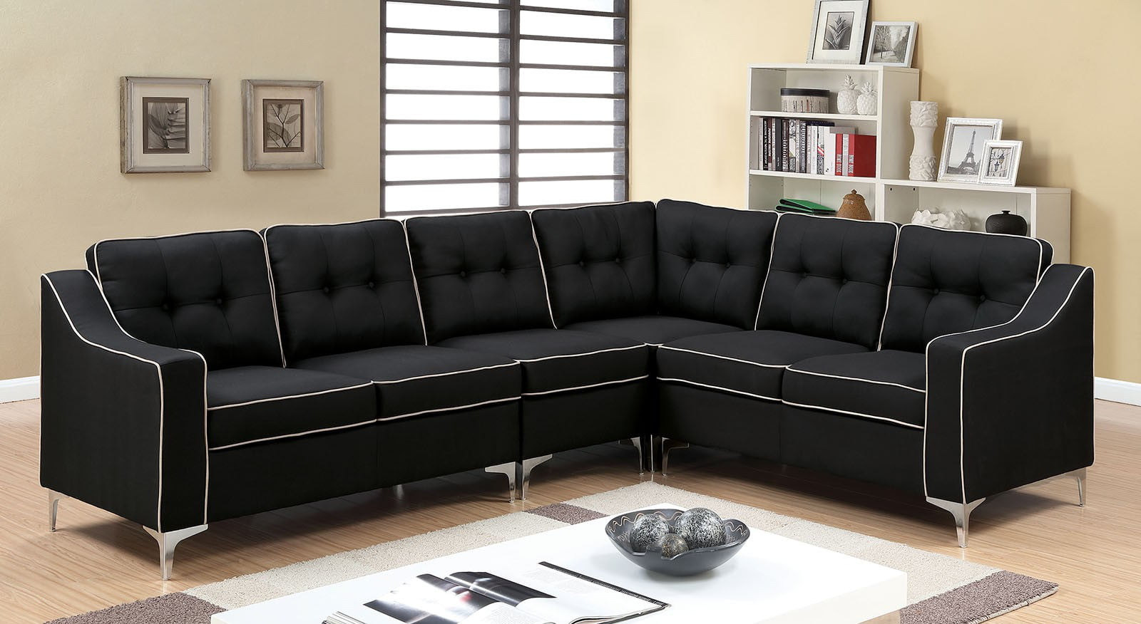 Sectional Black Color Fabric Tufted Back Chrome Legs Sofa Chair Wedge