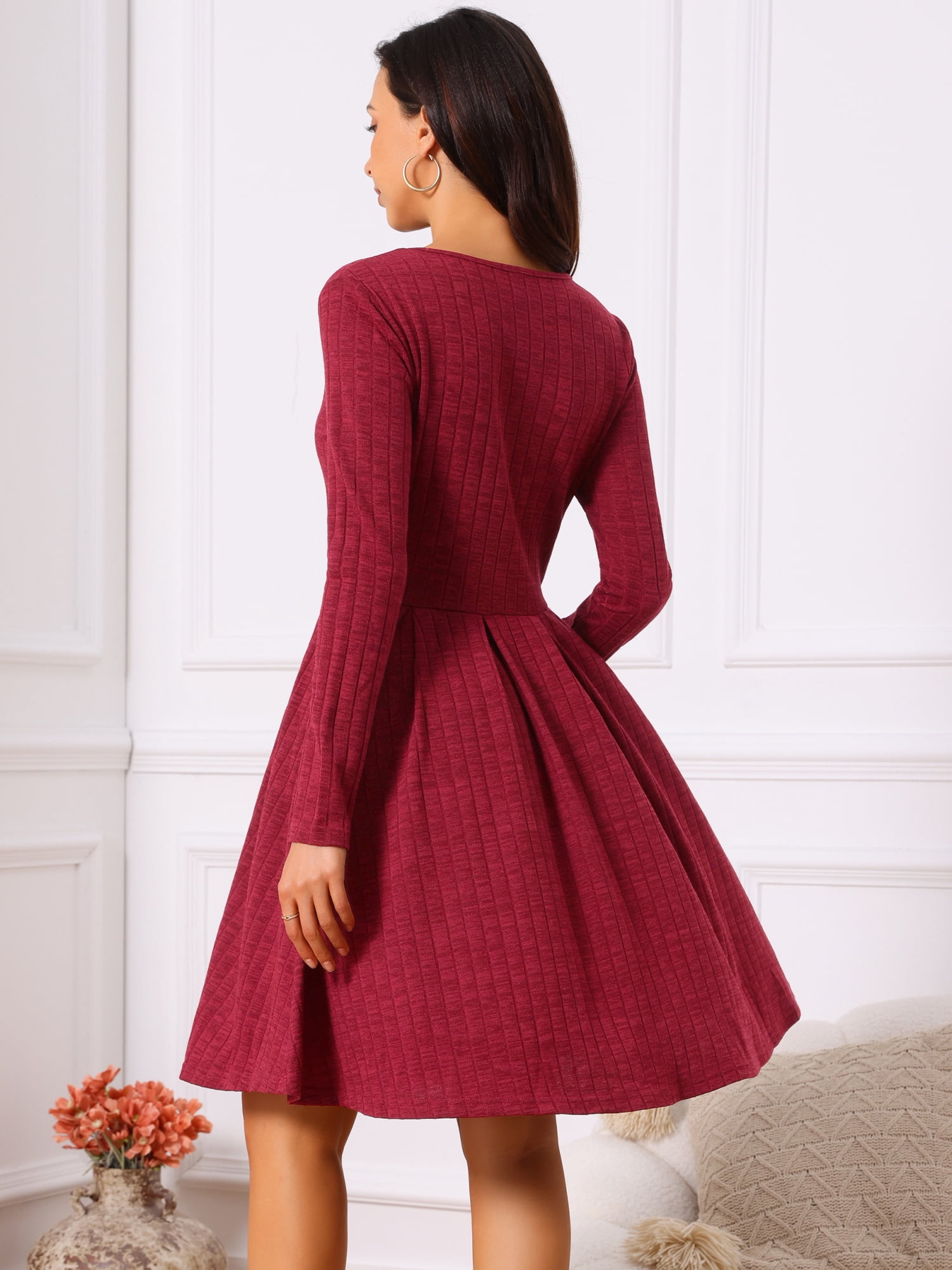 DARING DIVA Long Sleeve Round Neck A- Line Swing Knee Length Dress S Wine Red