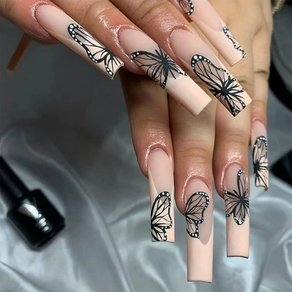 Press on Nails Long Coffin French Fake Nails with Butterfly Design Full Cover False Glue Stick on Nail for Women 24Pcs in 12 Sizes Nude Pink-B03 1 Fl Oz (Pack of 1)