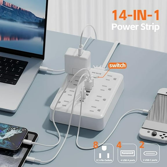 Ultra Thin Flat Plug Surge Overload Protector Power Strip Wall Outlet with 8 AC Power Outlets 6 USB (2 USB C) for Home Office Dorm Travel Essentials 15A 1875W UL Released 10FT)