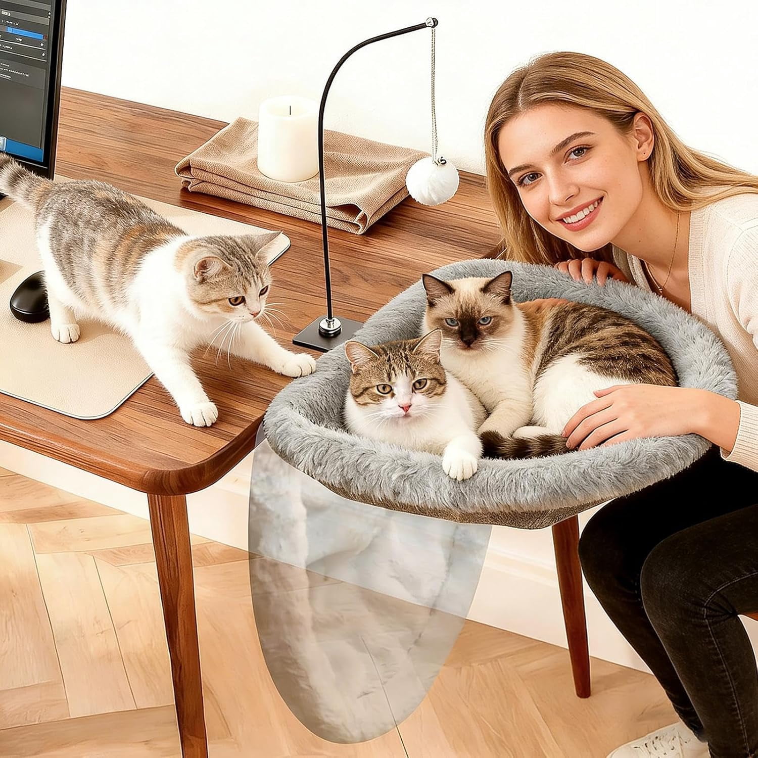 Cat Hammock Desk Mount with Toy Ball Perch