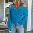 thumbnail image 6 of Lovskoo Long Sleeve Shirts for Women Cusal Round Neck Cold Shoulder Lightweight Sweatshirts Solid Color Pullover Tops Blue, 6 of 6