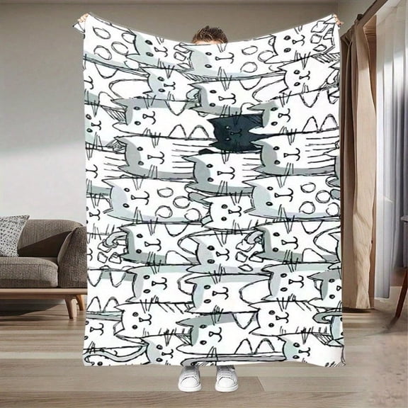 HELLOYOUNG Flannel Bedspread Quilted Lightweight Warm All Season, Cozy Cute Kitten Cat Print Bed Cover for Sofa or Bed, Black White Plaid Soft