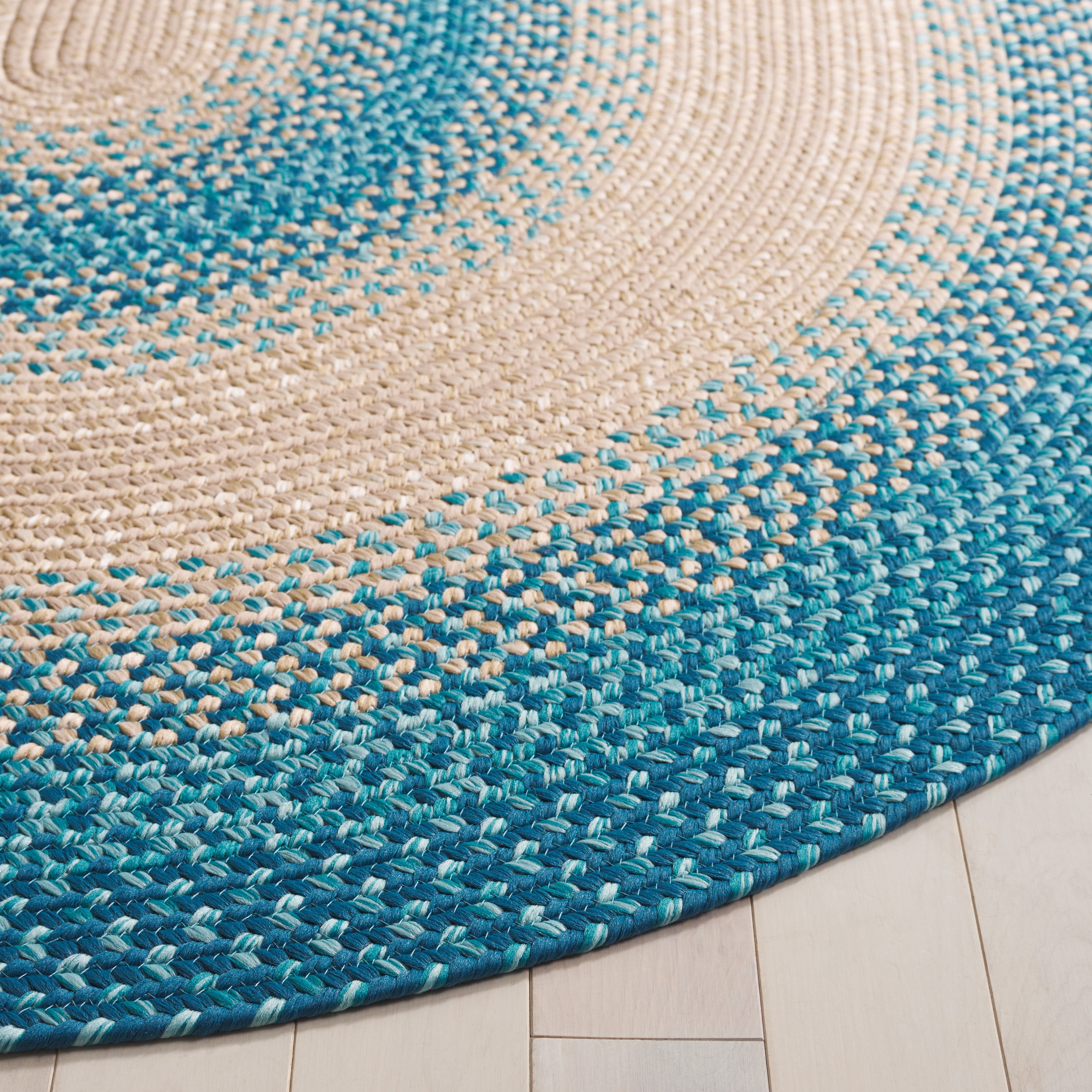 SAFAVIEH Braided Neville Bordered Machine Washable Reversible Area Rug, Blue/Beige, 4' x 6' Oval