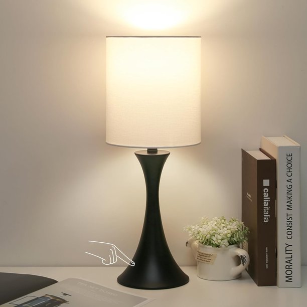 Lámpara de mesa con táctil de 3 vías, lámpara de mesita de noche regulable con base de metal, moderna lámpara de mesita de noche elegante con pantalla gris, lámpara de mesa auxiliar simple