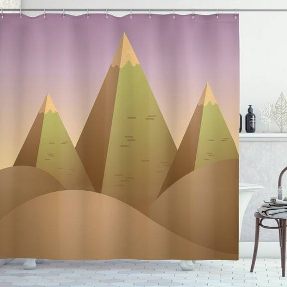 Vintage Egyptian Shower Curtain, Pyramids Dune Sand Hills Historic Hallmarks Illustration, Fabric Bathroom Set with Hooks, 69W X 84L Inches Extra Long, Khaki Grey Pink and Camel, by Ambesonne