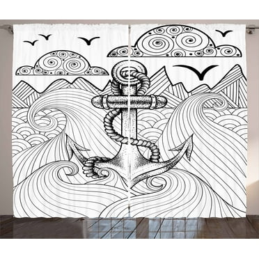 Ambesonne Anchor Curtains 2 Panel Set, Zentangle Ocean Clouds, 108" x 63", Black and White
