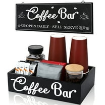 Topekada Coffee Bar Organizer and Vintage Signs, Wood Coffee Station Accessories with Removable Dividers, 4 Compartments Coffee Bar Organizer for Countertop Caddy, Fit Pods Condiment Syrup Tea Cups