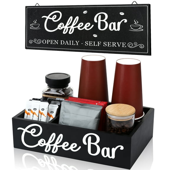 Topekada Coffee Bar Organizer and Vintage Signs, Wood Coffee Station Accessories with Removable Dividers, 4 Compartments Coffee Bar Organizer for Countertop Caddy, Fit Pods Condiment Syrup Tea Cups