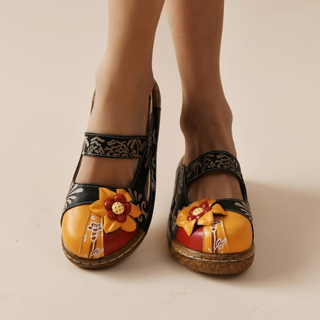 

Honeeladyy Women Folk-Custom Color Block Hollow-out Manual Flower Printing Splice Color Flat Heel Sandals Shoes Sandals for Women Sandals for Women