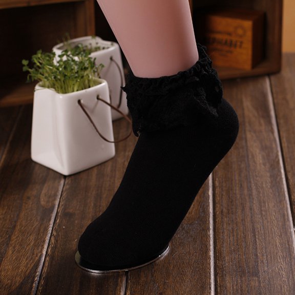 Hot Sales Women Socks Under $2 GIJNRIUIUA Black Crew Socks 1 Pair Women Ankle Socks Lace Ruffle Frilly Comfortable Cute Cotton Socks Ladies Girl Lace Socks Ankle Socks