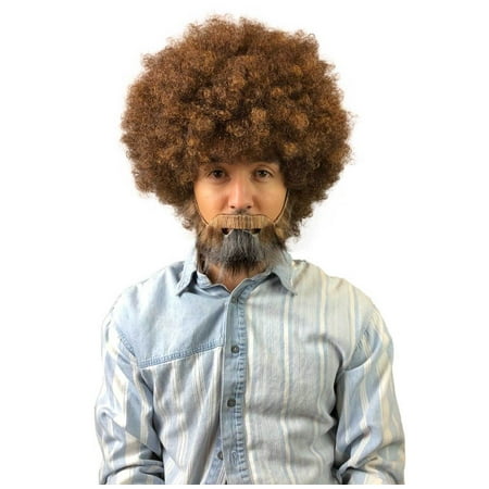 80's Bob Ross Painter Short Brown Afro Wig with Full Beard and Mustache Set Adult Size