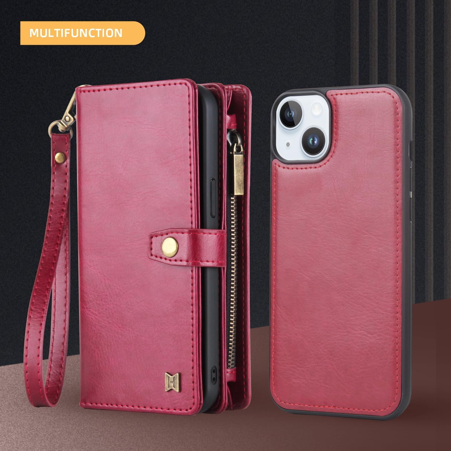 Phone Case Wallet Case Compatible for iPhone 15,iPhone 15 Multifunctional 2 in 1 Magnetic Case Wallet,Durable PU Leather Flip Lanyard Strap Wristlet Zipper Card Holder  for iPhone 15
