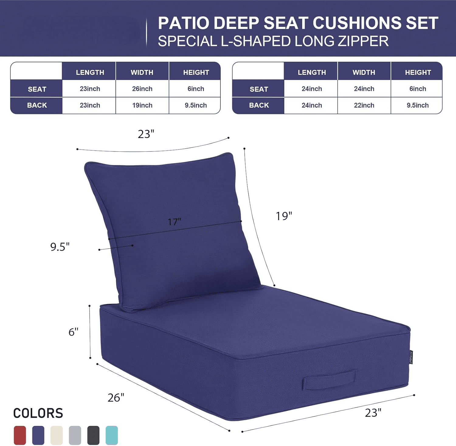 23''x 26''x 6'' 2PCS Outdoor Olefin Water-Resistant Deep Seat Cushion Set,  Weather and Fade Resistant Patio Furniture Seat Cushion, Thickened Sofa Chair Pad with Straps for Lawn, Garden
