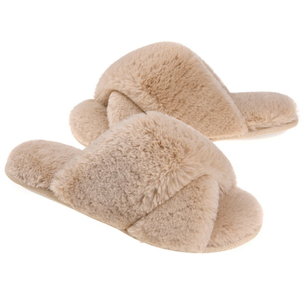 VONMAY Women's Slippers Plush Cross Band Open Toe Slides Fuzzy SPA