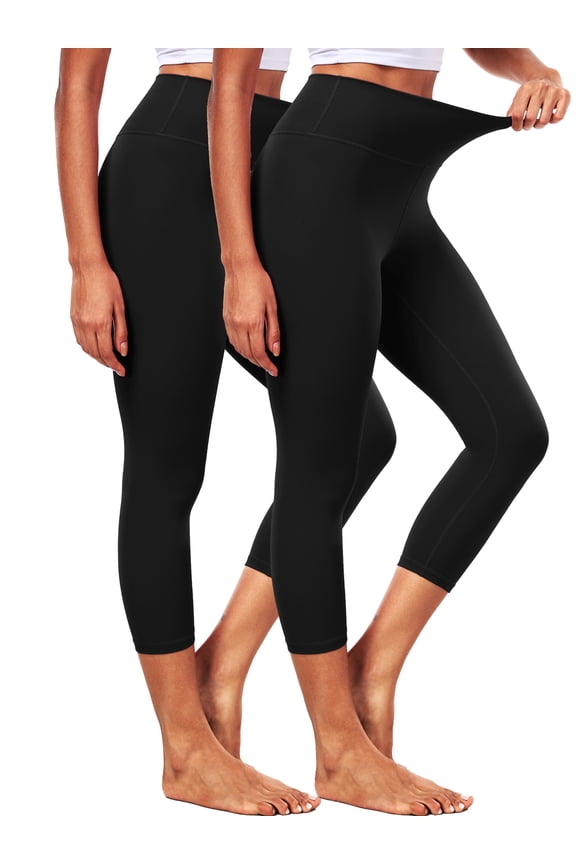 ButterSoftFlex Womens High Waist Capri Legging for Yoga Workout Athletic Cropped Pants with Waistband Pocket,Black+Black,US Size L