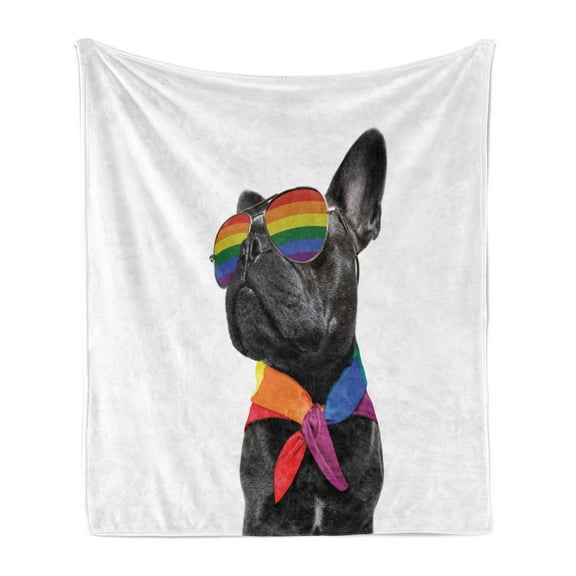 Bulldog Soft Flannel Fleece Throw Blanket, Proudly Posing Pet with Colorful Eyeglasses and a Scarf LGBT Gay Pride, Cozy Plush for Indoor and Outdoor Use, 50" x 60", White and Multicolor, by Ambesonne