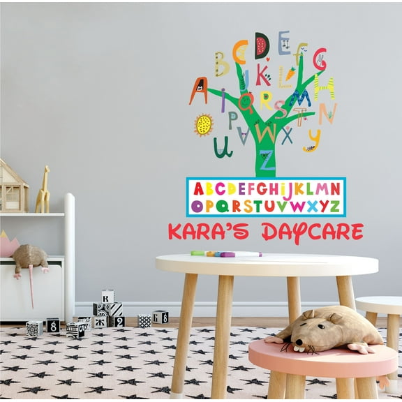 DAYCARE - Adhesive Daycare Creepy Alphabet Tree Decoration Multicolored Alphabet Letters Design Removable Vinyl Kids Playroom Wall Decal - Personalize Name Lettering Art Wall Décor Sticker 9" x 10"