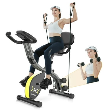 Pooboo Folding Exercise Bike Indoor Stationary Cycling Bicycle Upright Magnetic Workout Bicycle With Dumbbells and Resitance Bands Maximum Weight 300LBS