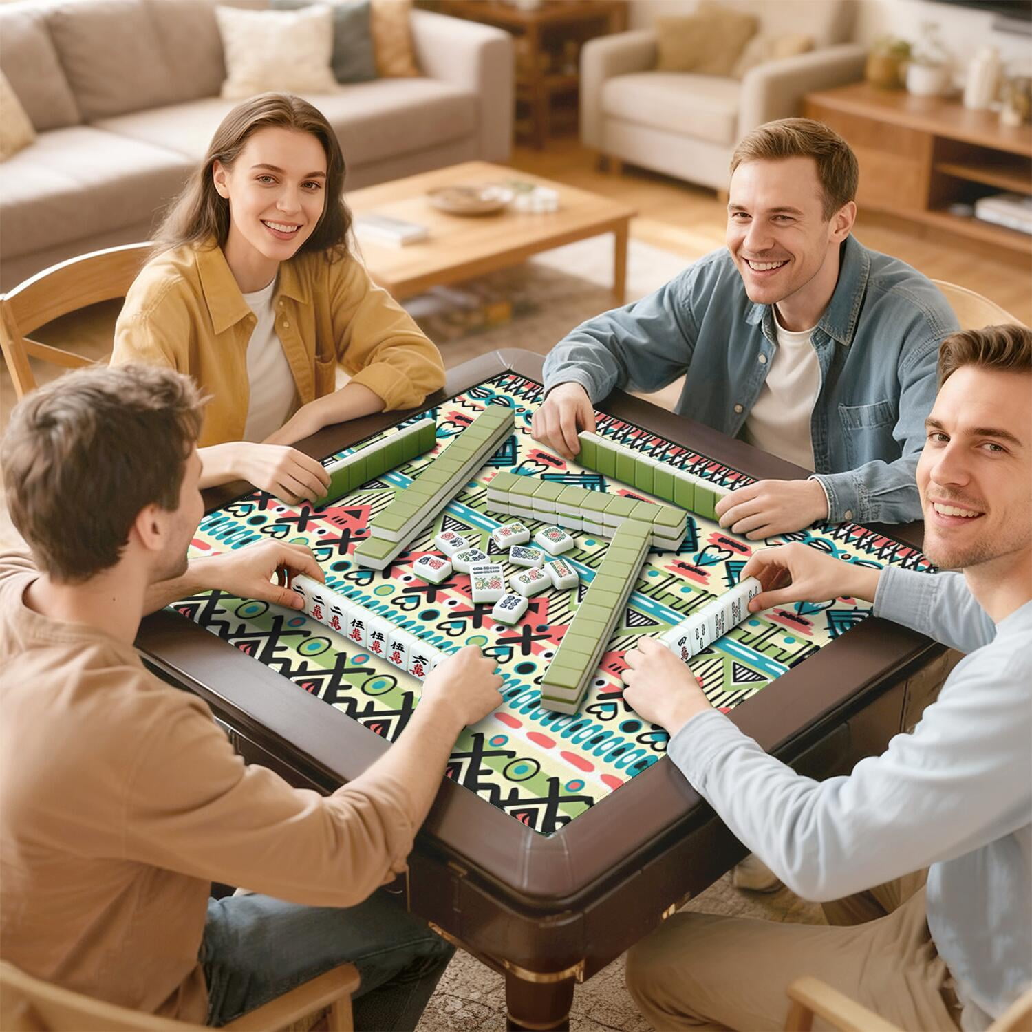 Premium Boho Design Extra Large Rubber Game Mat 31.5 Inch Square Mahjong Table Topper Features Non-Slip Backing and Noise Reduction for Tiles and Entertainment