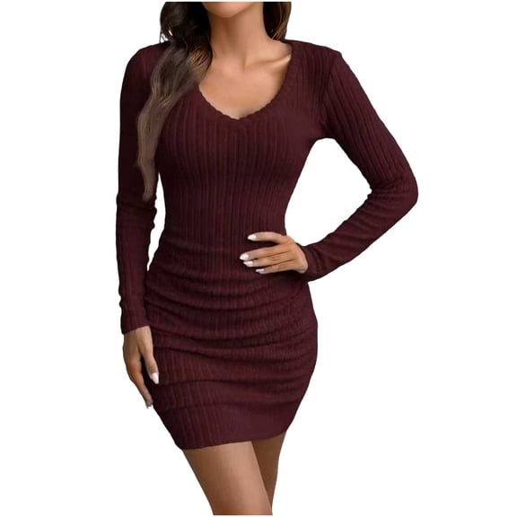 biudgviw Long Sleeve Dress for Women Ribbed Knit V Neck Bodycon Sweater Dress Casual Soft Slim Fit Mini Pencil Dress
