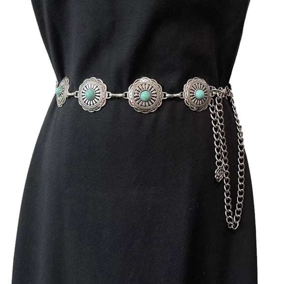 YUUZONE Women Waist Chain Ethnic Style Belts with Relief Turquoise Buckle Waist Belt