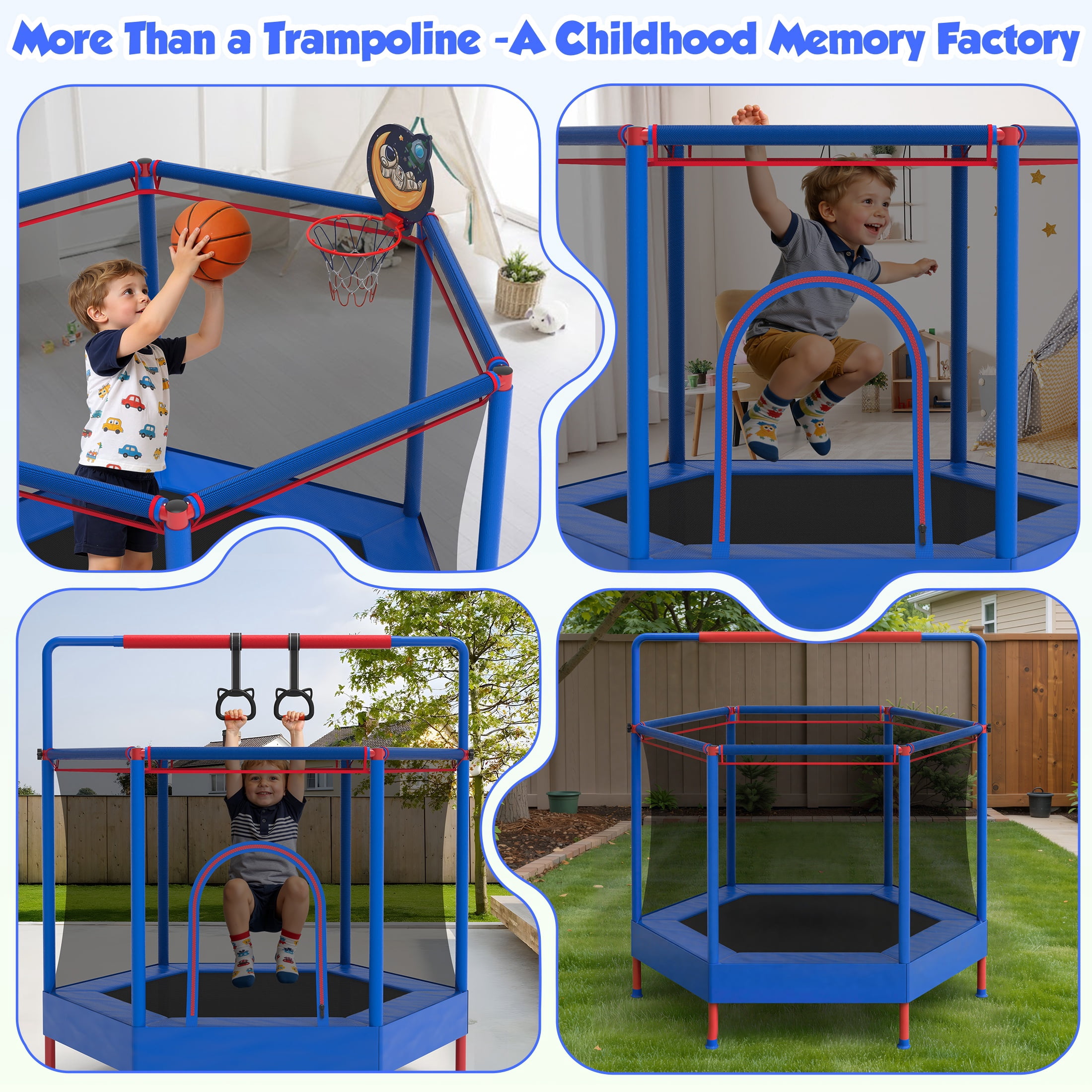60" Mini Trampoline for Kids with Enclosure, Shinpt Indoor & Outdoor Toddler Trampoline, Upgrade Full Anti-Rust Tube with Adjustable Gymnastics Bars, Small Trampoline for Boys & Girls
