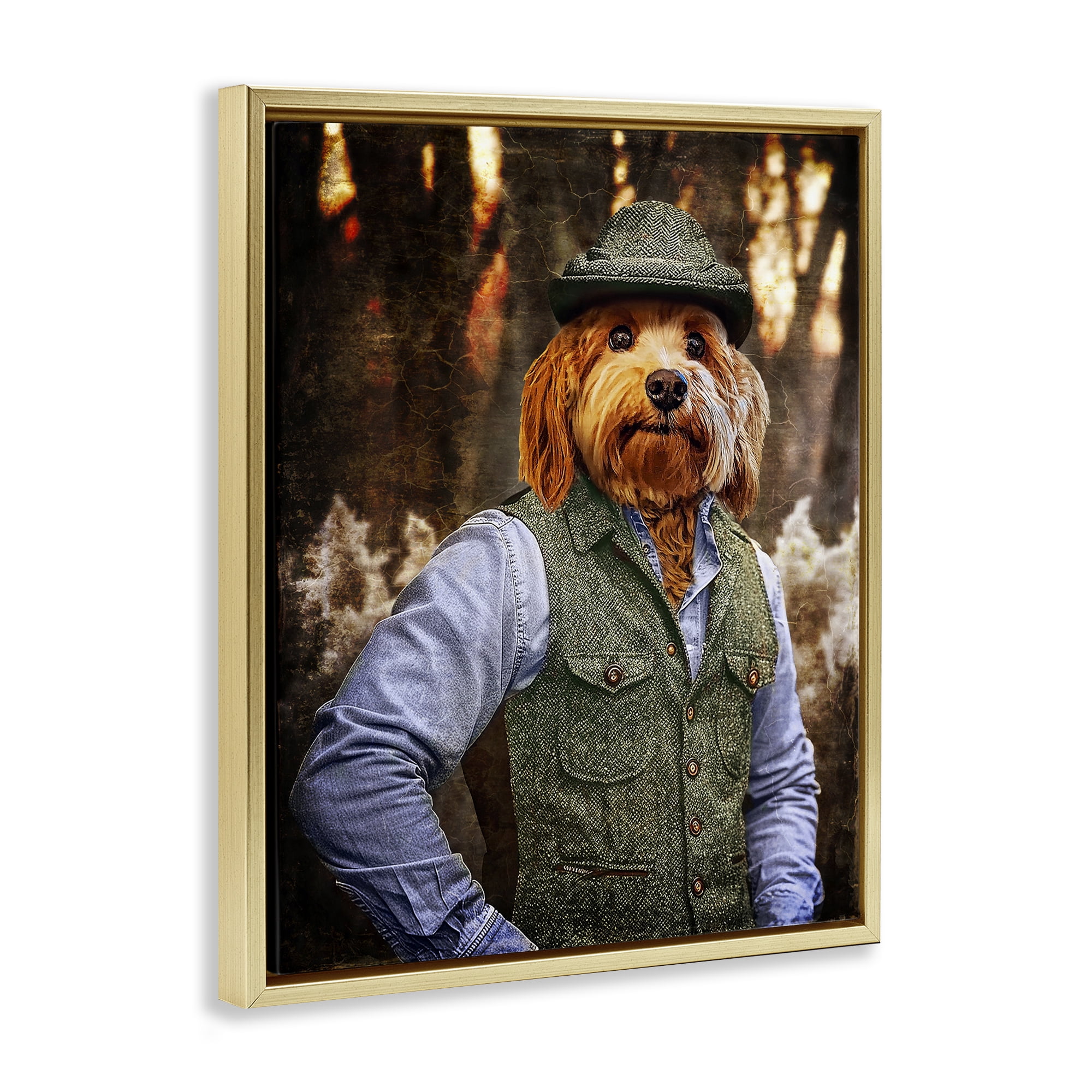 Stupell Industries Terrier Dog Classic Clothing Animals & Insects Painting Gold Floater Framed Canvas Art Print Wall Art, 17 x 21