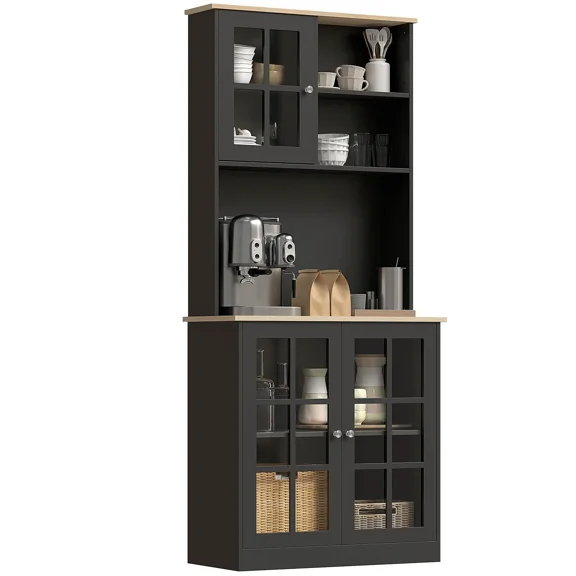 72 Inch Kitchen Pantry Storage Cabinet with Hutch, Glass Doors, Adjustable Shelves and Countertop, Black