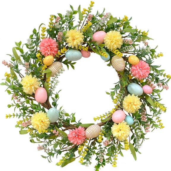 22 Inch Easter Egg Wreath for Front Door, Spring Egg Wreath with Dahlia Flowers for Indoor Outdoor, Easter Floral Eggs Wreath for Home Decor