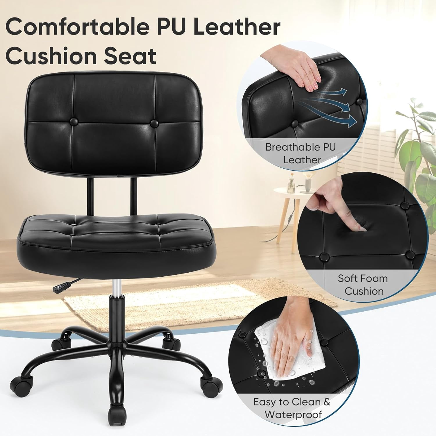 Armless Vanity Chair for Makeup Room, Small Desk Chair with Tufted PU Leather, Adjustable Height Rolling Computer Chair for Home Office & Dorm, Black